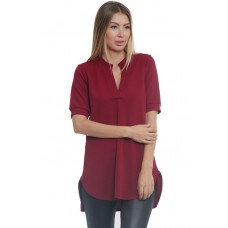 RO2-9069 BURGANDY  V-NECK SHORT SLEEVE HI LOW  TUNIC TOP 1-2-2