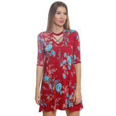 R10A-VC35733-6 BURGANDY FLOWERS CHOCKER DRESS CRISS CROSS ON FRONT 2,2,2