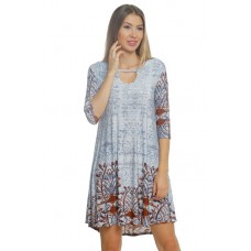 R9D-VC3562-6 BLUE BROWN PRINT 3/4 SLEEVE POCKET DRESS 2,2,2