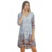 R9D-VC3562-6 BLUE BROWN PRINT 3/4 SLEEVE POCKET DRESS 2,2,2