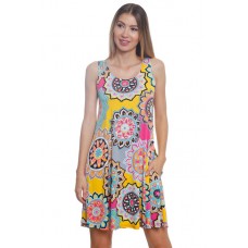 R9D-VC3158 YELLOW GREY FUSHIA SLEEVE LESS DAMASK PRINT A LINE SIDE POCKET DRESS 2,2,2