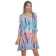 R9F-VC3514-SLUB MINT  BLUE PINK TIE DYE 3/4 SLEEVE CUT OFF SHOULDER DRESS 2,2,2