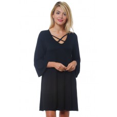 R3C-VC32999 BLACK 3/4 LOOSE SLEEVE CRISS CROSS V-NECK TUNIC DRESS 2,2,2