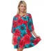 R10E-VC36144 TEAL RED PRINT FLOWERS LOOSE SLEEVE CRISS CROSS V-NECK TUNIC DRESS 2,2,2