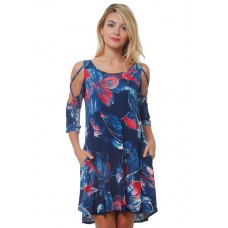 R10B-VC35844 BLUE PRINT  FLORAL PRINT SWING DRESS WITH CRISS CROSS OPEN SHOULDER 2,2,2